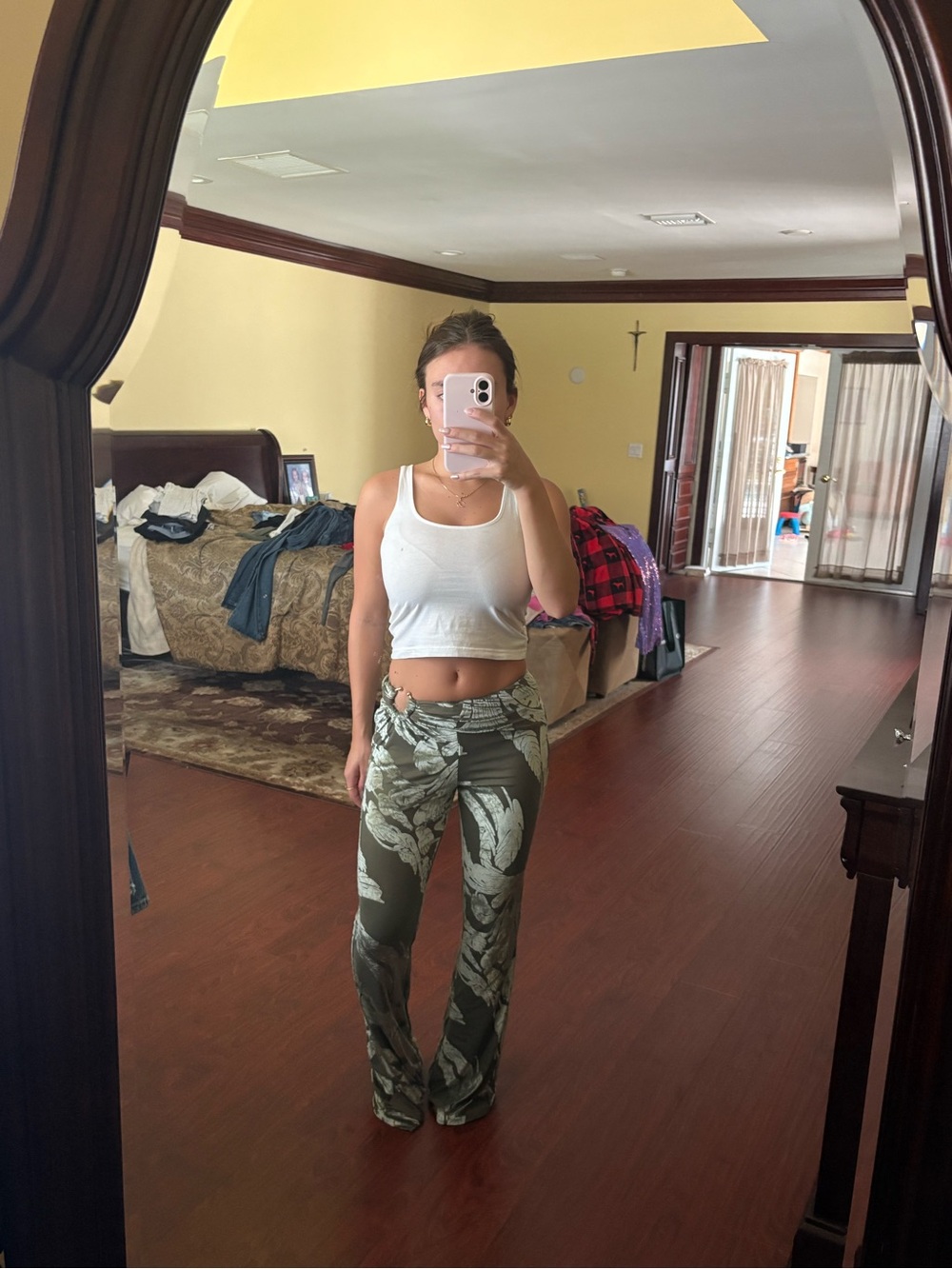 Oh Polly Mid-Rise Olive Green Floral Wide-Leg Pants